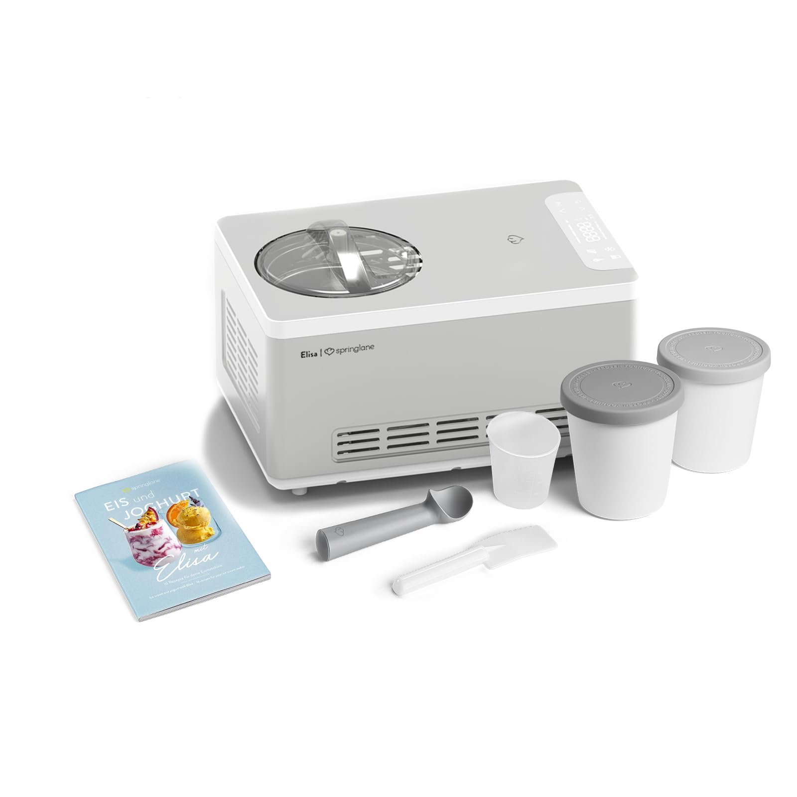 SPRINGLANE Eismaschine & Joghurtbereiter Elisa 2,0 L mit selbstkühlendem Kompressor 220 W, aus Edelstahl mit Kühl- und Heizfunktion (Elisa Silber, Eismaschine + 2 Eisbehälter Grau)