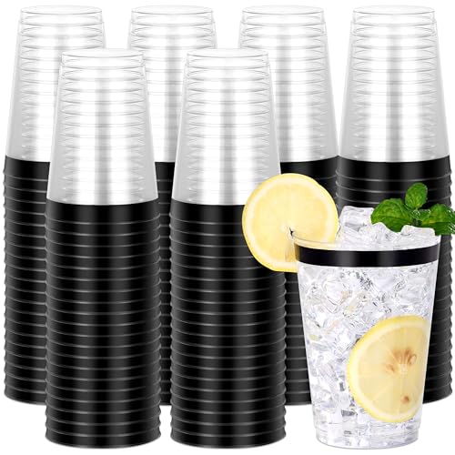 Image of 120 Pcs Black Plastic Cups,12oz Black Rimmed Plastic Cups,Heavy Duty Disposable Plastiic Wine Glasses Cocktail Glasses Premium Cup with Black Rim for Party,Wedding,Christmas