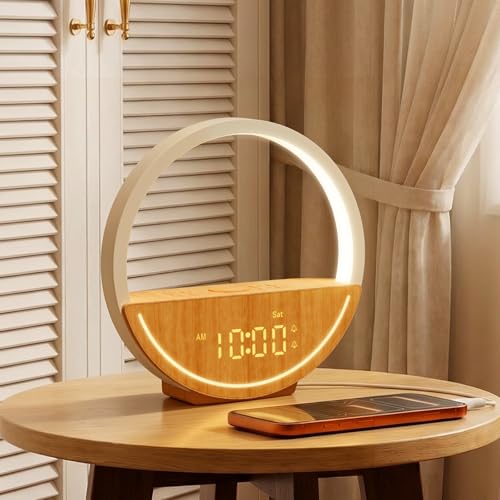 RETEYUNG Lámpara de Mesilla y Despertador con Simulador de Amanecer, Luz Nocturna Táctil con Carga USB, 20 Sonidos Relajantes y Ruidos Blancos, Doble Alarma para Días Laborables/Fin de Semana