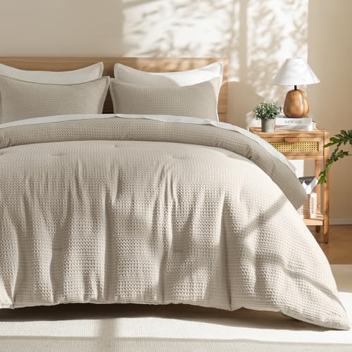 Image of PHF Soft Waffle Comforter Set King Size- Comfy Breathable Waffle Weave Comforter with 2 Pillow Shams, 3 Pieces Less Snagging Lightweight Textured Bedding Set for All Season, Natural /Linen