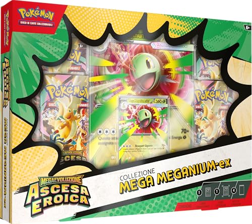Pokémon: collezione Mega Meganium-ex dell’espansione Megaevoluzione - Ascesa Eroica del GCC Pokémon (una carta promozionale olografica, una carta lenticolare gigante e quattro buste di espansione)