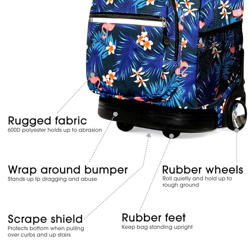 Image of J World Sunrise Kids Rolling Backpack with Wheels for Girls Boys, Roller Bookbag for School, 18 x 13 x 9 Inches, New Flamingo