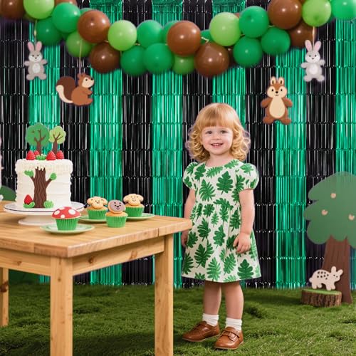Image of TONIFUL Black and Green Fringe Backdrop Curtain 2026 Graduation Parties 2Pcs 3.3x6.6 ft Metallic Tinsel Foil Fringe Photo Booth Backdrop Door Streamers for Birthday Soccer Themed Party Decorations