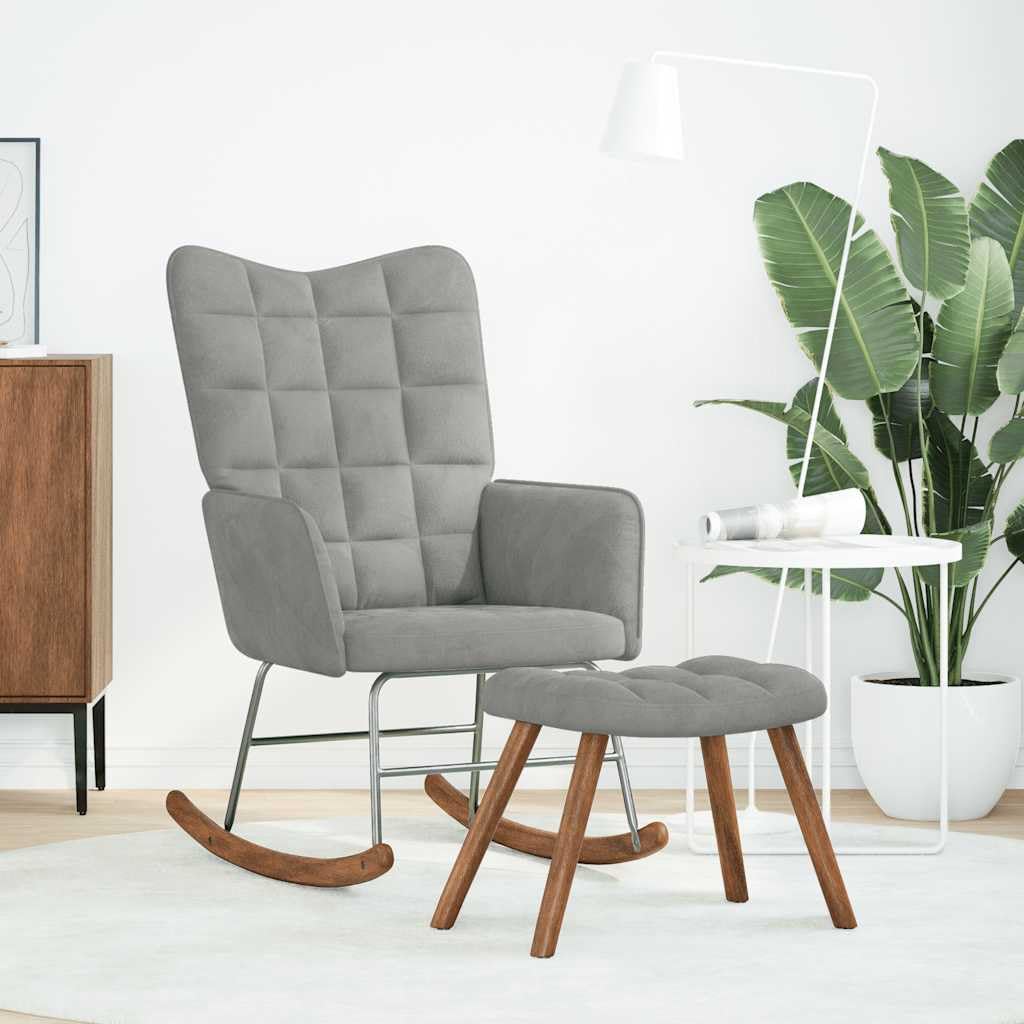 Fotel bujany z taboretem, jasnoszary, aksamitny, fotel relaksacyjny do salonu, sypialni