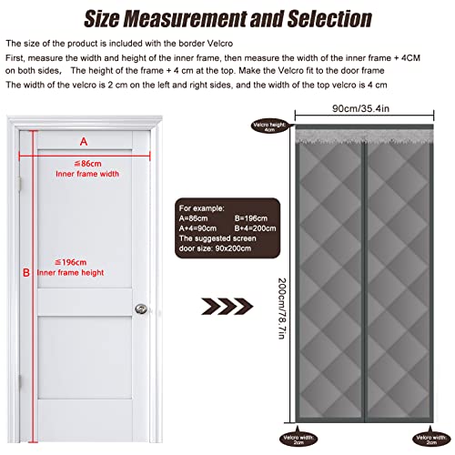 Cortina de Puerta con Aislamiento Térmico, Cortina de Puerta Magnética Autoabsorbente, Cortina de Puerta Aislante Térmica de Invierno, Antifrío, de Algodón, Gris, 90x200cm