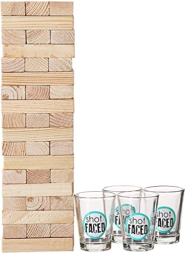 Game Night Tipsy Tower Glass Drinking Game Set w/Wooden Blocks & 4 Lead-Free Shots-Ideal Gift for Birthdays, Father's Day & More, 1 Count (Pack of 1), Brown