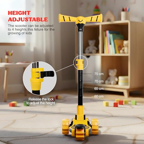 Image of Baybee Kitty Kick Scooter for Kids | Foldable 3 Wheel Kid Scooter with 4 Height Adjustable Handle & Brake | Skate Scooters with LED PU Wheels | Runner Scooters for Kids 3 to 10 Years Boy Girl (Yellow)