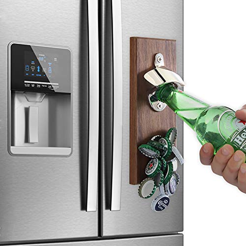 Magnetic Bottle OpenerWooden Wall Mounted Beer Opener with Cap CatcherBoyfriend Gift for Men Dad Uncle Beer Lovers