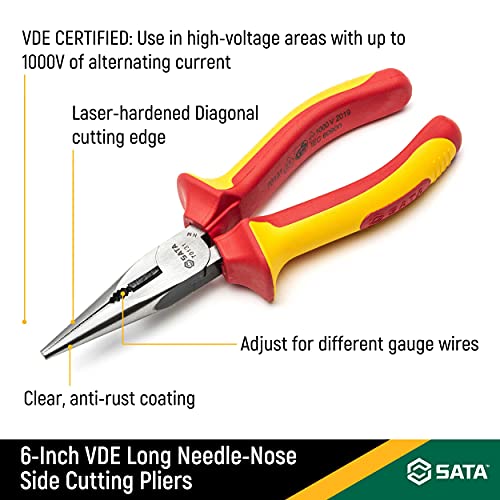 Sata 6-Inch Vde Insulated Long Needle-Nose Side Cutting Pliers With Chrome Vanadium Steel Body And Dual Material Anti-Slip Handles - St70131St #TOP1
