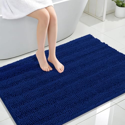 Image of OLANLY Thick Large Bathroom Rugs 44x32, Extra Soft Absorbent Chenille Striped Bath Rugs, Rubber Backing, Machine Wash Dry, Bath Mats for Bathroom Floor, Tub and Shower, Home Decor Accessories, Navy