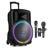Fenton FT15LED MK2 15" 800W Battery Powered PA System with Portable Bluetooth, Wireless and Wired Microphones, LED Lights – Ideal for Events, Fitness, Karaoke, Live Shows and Presentations