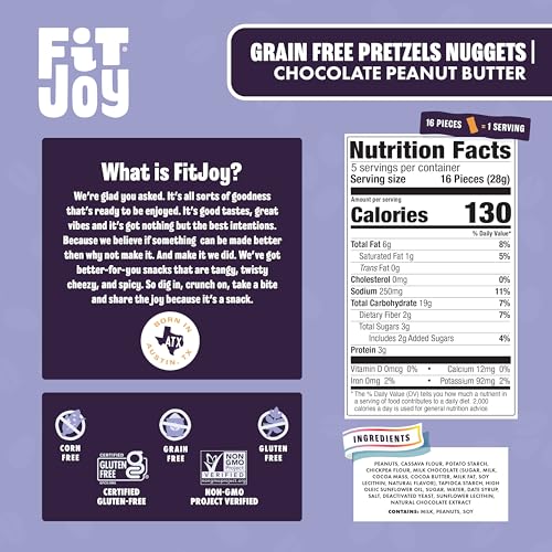 Image of FitJoy Chocolate Peanut Butter Filled Pretzel Nuggets - Grain, Dairy & Gluten Free Crunchy Snack Bites with Creamy Peanut Butter and Rich Chocolate Filling, Sweet and Salty Treat - 4 Pack, 5 Oz Bags