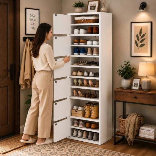 Image of 6-Door Engineered Wood Shoe Rack, 11-Tier Wooden Shoe Rack for Entryway, Shoe Storage Cabinet with Doors Adjustable Shelves, Wooden Shoes Rack Organizer - NEW (White, 11 - Layer)