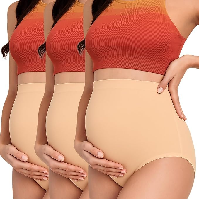 tummy High Waist Bamboo Cotton Over Bump Pregnancy Panty for New Mom| Maternity Underwear for Women,Comfortable Supportive Maternity Panties-Beige-Pack of 3-picture-3
