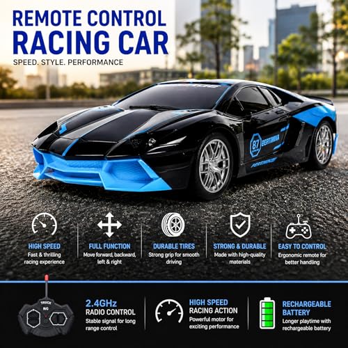 Image of Wishkey Remote Control Car Toy Super High Speed Racing Car with Stylish Looks & Modern Design,RC Vehicle Toy for Kids Age 4+ Years Black-Blue, (Pack of 1)