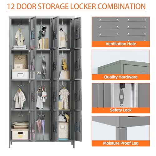 Image of Aobabo 12 Doors Metal Storage Locker for Employees, Storage Locker with 12 Hooks for School Office Gym Bedroom, Grey, Assembly Required