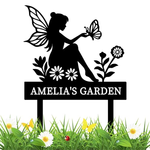 Custom Metal Garden Sign with Stake, Personalized Outdoor Name Plaque, Yard Sign for Lawn, Farm, Home Decor, Gardening Gift for Gardeners, Moms, Grandmas, Garden Lovers (Fairy)