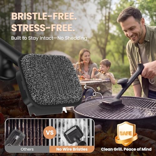 Image of ThermoMaven Bristle-Free BBQ Grill Brush - No Wire Risk Steam Cleaner Removes Burnt Grease Fast - 17 inch Cool-Touch Handle, Scraper & 3 Replaceable Heads for Gas, Charcoal & Cast Iron