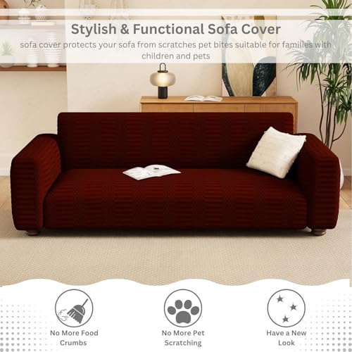 Image of Lukzer 2 Seater Pastel Deep Maroon Dotted Stripe Pattern Sofa Cover | 240 GSM Universal Stretch Fit Jacquard Fabric Couch Protector | Fully Covered Anti Slip & Washable Sofa Cover SC-132-02 /140-180cm