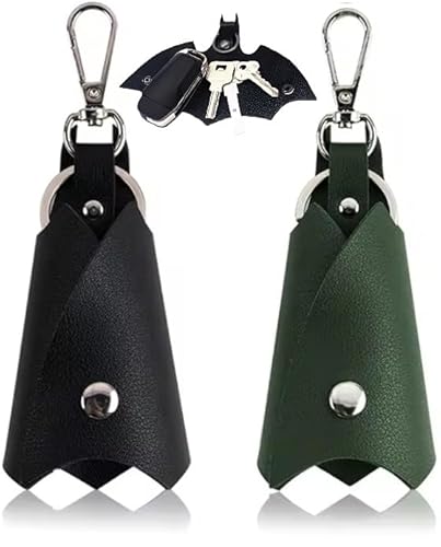 WOO LANDO Set di 2 portachiavi con custodia portachiavi in ecopelle per uomo e donna a forma di supereroe con motivo a pipistrello per diverse chiavi di auto o moto, Nero/Verde, S