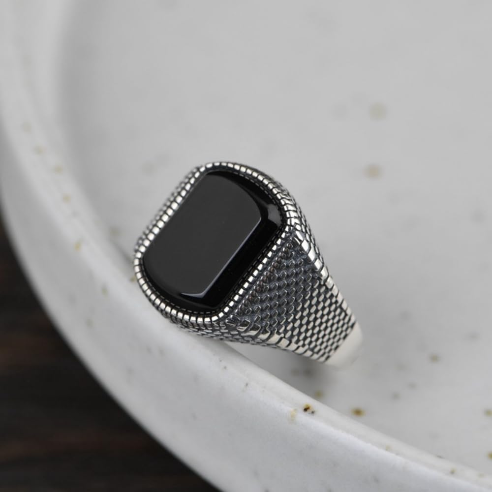 ForFox Anillo vintage de plata de ley 925 con ónix negro para hombre mujer diseño texturizado abierto ajustable