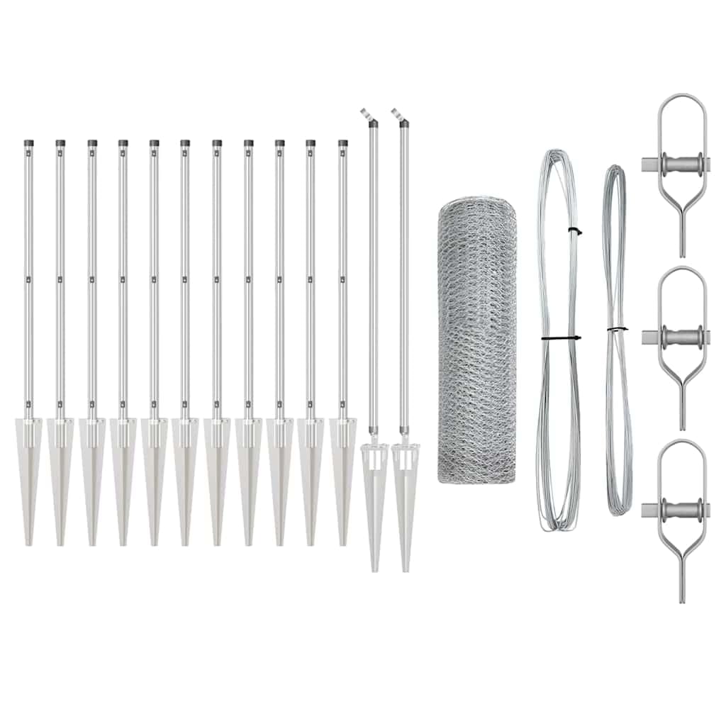 Steel Fence Post Silver 25 x 0.4 m 25 mm Mesh Outdoor Garden Terrace Secure Barrier Kit with Spikes Weather Resistant Corrosion Proof Easy Assembly 13 Pack