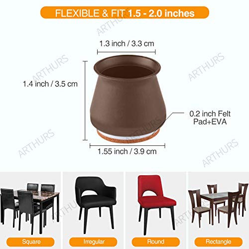 Dark Brown Silicone Chair Leg Floor Protectors with Felt, Chair Leg Caps, Silicon Furniture Leg Feet Protection Cover Protect Hardwood Floor Anti Scratch 16 Pcs (Large Fit: 1.5" - 2.0", Brown)