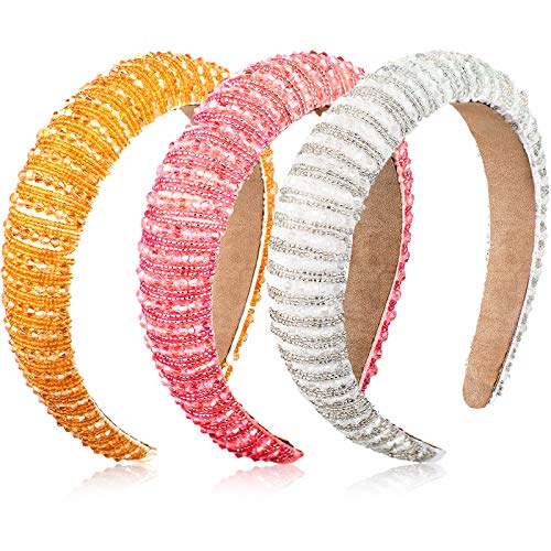 3 Pieces Rhinestone Padded Headband Wide Edge Headwear Diamond Crystal Beaded Headband Glitter Hairband Hair Accessories for Women Girls Party Supplies (Bright Colors)