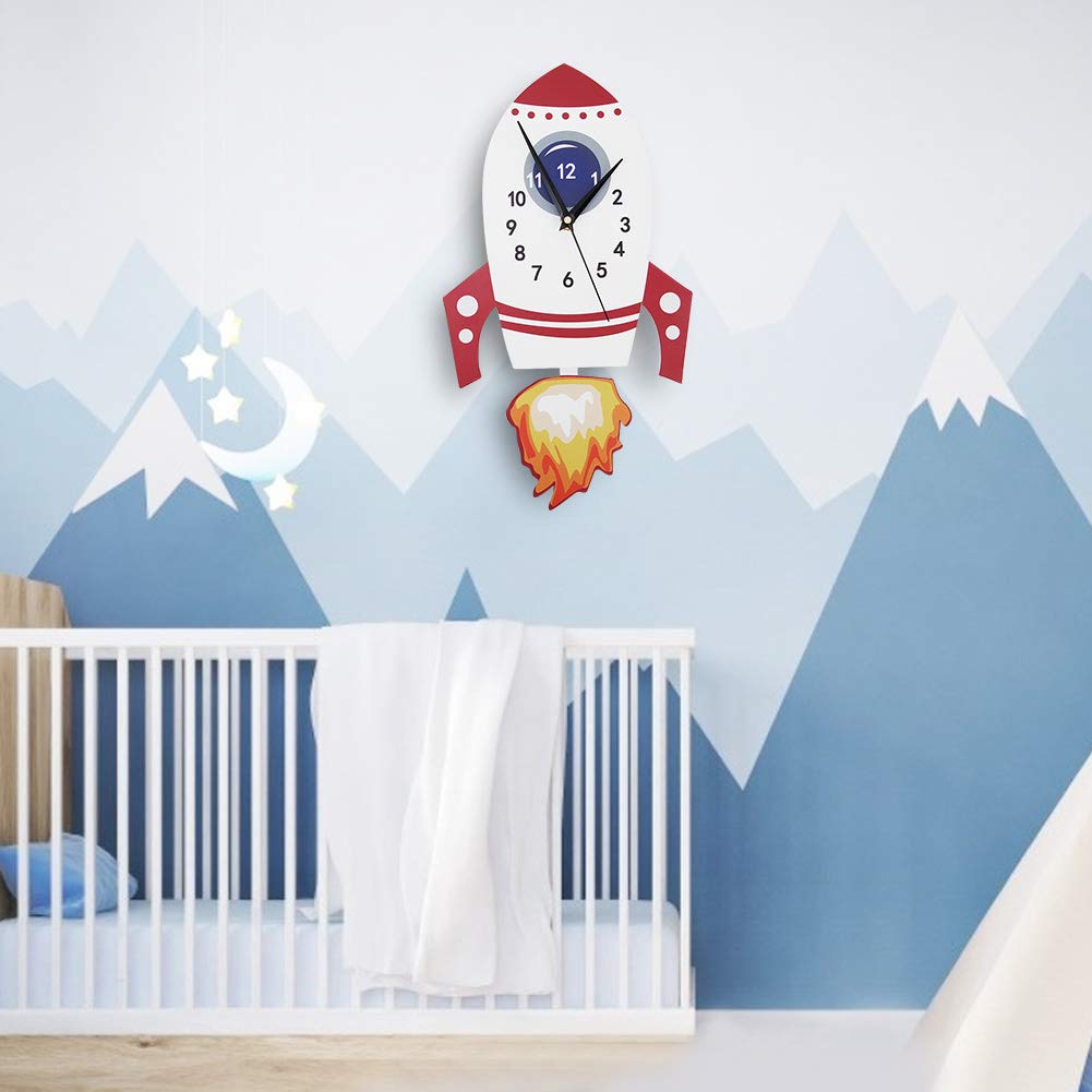 Orologio per decorazioni per la camera da letto per bambini, batteria a parete silenziosa per parete silenziosa a razzo cartone animato per bambini