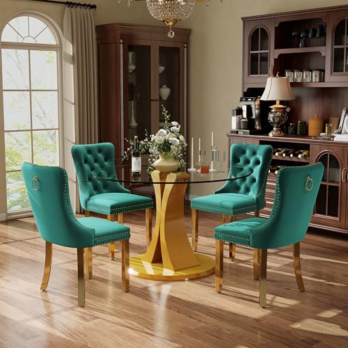 Image of 5-Piece Dining Table Set with 39In Tempered Glass Table and 4 Velvet Upholstered Chairs, Modern Scandinavian Furniture for Dining Room Kitchen(Green&Gold)