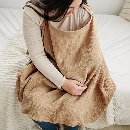 Image of Konssy Muslin Nursing Cover for Baby Breastfeeding, Breathable 100% Cotton Breastfeeding Cover with Rigid Hoop for Mother Nursing Apron, Multi-use Carseat Canopy (Camel)