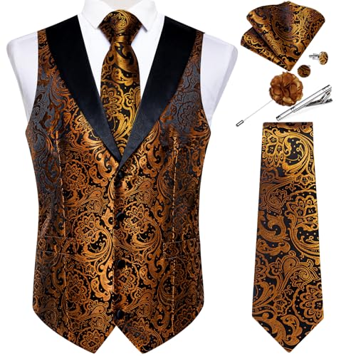 Image of DiBanGu Mens Paisley Suit Vest Silk Jacquard Waistcoat and Necktie Set Formal Shawl Collar Dress Vest 7PCS for Wedding Party