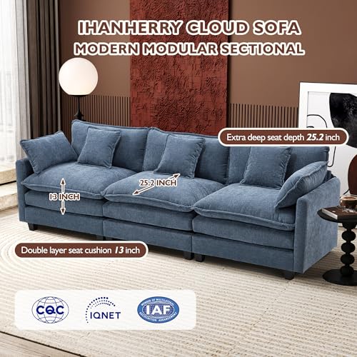 Image of Ihanherry 111.4 Inch 3-Seater Cloud Sofa, Modular Sectional Couch, Modern Deep Seat Sofa for Living Room, Comfy Double Layer Upholstered Seat Cushion, Breathable Chenille Fabric, Blue