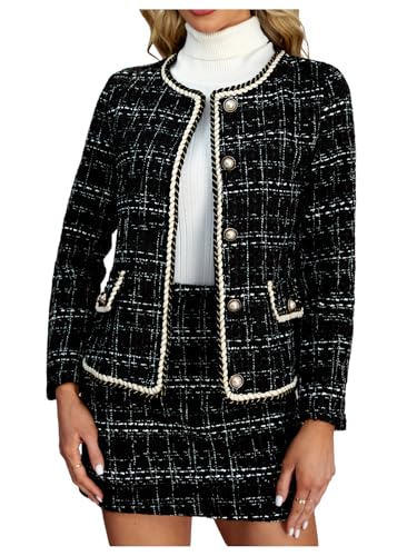 Women's 2 Piece Outfits Plaid Button Front Long Sleeve Tweed Jacket and Mini Skirt Elegant Set