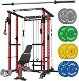 Mikolo Power Cage, Power Rack with Cable Crossover System, 2200 LBS Capacity Squat Rack and Packages with Optional Weight Bench, Olympic Barbell, 260LBS Bumper Weight Set, Black