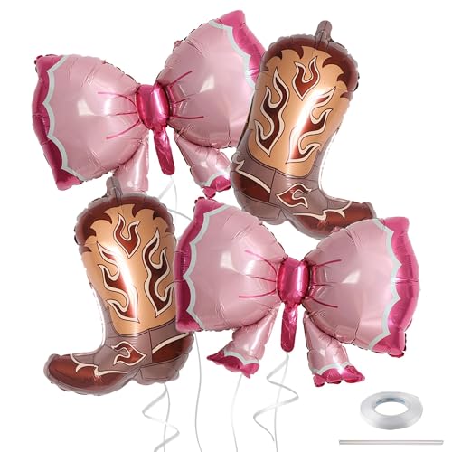 4Pcs Western Cowgirl Balloons Pink Bows and Brown Cowboy Boot Foil Balloons for Boots or Bows Gender Reveal Cowgirl Birthday Party Decorations Baby Shower Supplies