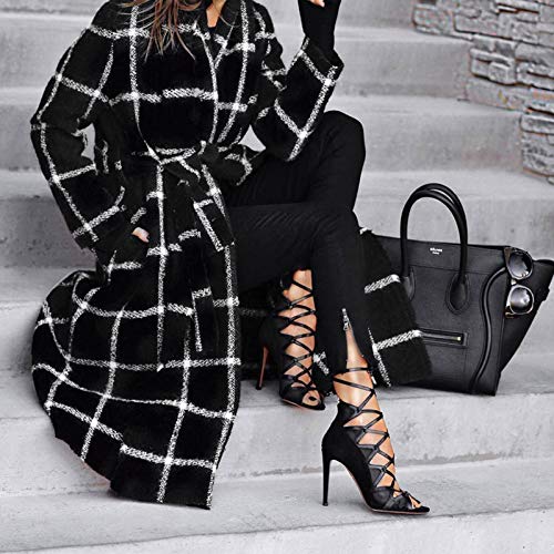 SPE969 Hooded Jacket Women\'s Plaid Trench Coat Winter Slim Long Woolen Overcoat Lapel Windbreaker,Black,L