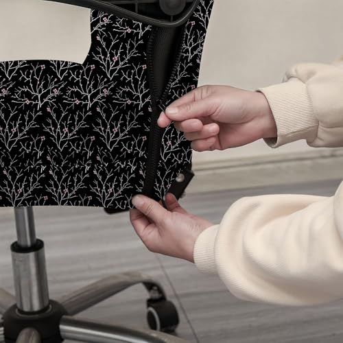 Image of Eleganta Stretchable Elastic Boss Office Chair Cover with Handle Covers, Polyester Spandex, Branch Black (Pack of 4)