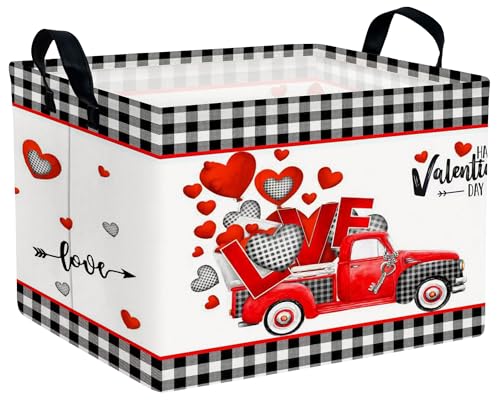 Image of Valentines Day Basket for Kids Heart Shaped Empty Storage Bins for Gifts with Handles Room Decor (Black Checkered Red Truck)