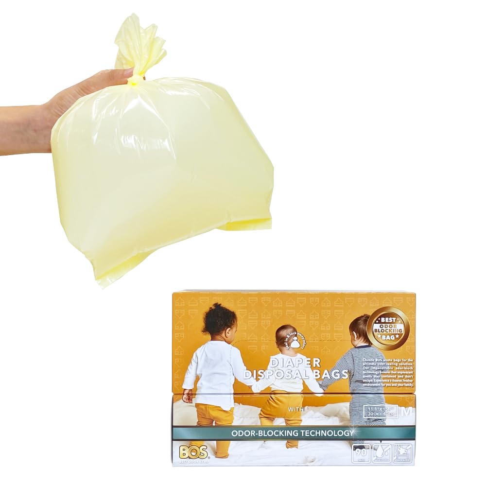 BOS Odor-Sealing Dirty Diaper Trash Bags - Disposable Bags - Scent & Smell Free (90 Bags) [Size: M, Color: Creem Yellow]?Brand new packaging design!!