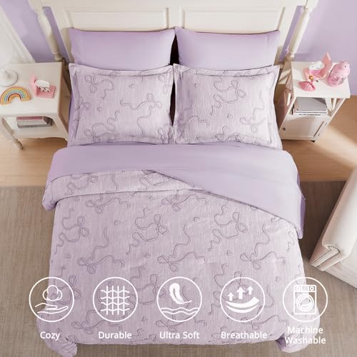 Image of Queen Comforter Set - 7 Pieces Bow Jacquard Bed in a Bag Girls Bedding Set