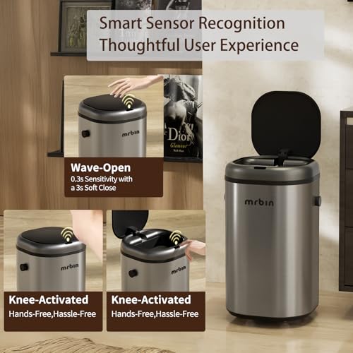Image of MRBIN Stainless Steel Adsorption Motion Sensor Trash Can Removable, 18L / 4.8gal Automatic Absorbing Bag Lidded Garbage Bin with Wheels, Waste Basket for Kitchen, Bathroom, Eclipse Grey