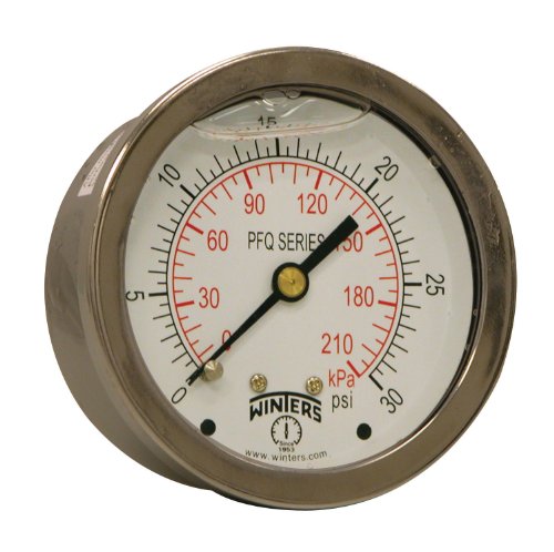 Image of Winters 2-1 /2 inch Dial Size, Liquid Filled Industrial Pressure Gauge, Brass Internals, 304 Stainless Steel Case, Dual Scale 0-30 psi /kPa, 1.5% Acc, 1 /4 inch NPT Back Mount, Glycerin Filled Pressure Gauge