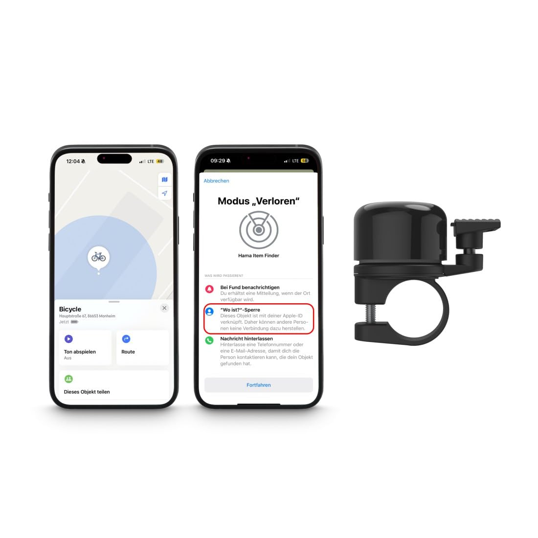 Hama Sonnette Vélo AirBell Pro avec Tag Bluetooth Intégré pour Apple (Diamètre 22.2 mm, Localisation Vélo Scooter Trotinnette Via App Find My, Avertisseur Klaxon Universel, Accessoire Sécurité) Noir