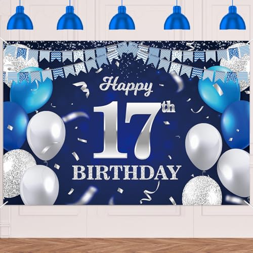 Blue Silver Balloons Banner Backdrop