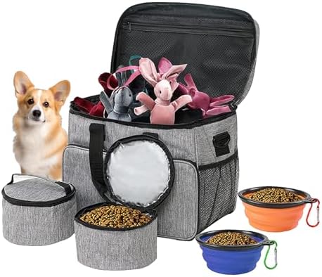 Bolsa de viaje para perros grande bolsa de viaje para perros, organizador de suministros para mascotas con 2 recipientes de comida y 2 cuencos plegables para perros y gatos, bolsa grande para