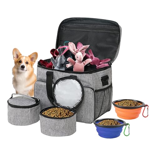 Ruspela Bolsa de viaje para perros grande bolsa de viaje para perros, organizador de suministros para mascotas con 2 recipientes de comida y 2 cuencos plegables para perros y gatos, bolsa grande para
