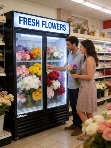 Image of Commercial Flower Beverage Refrigerator Floral Display Fridge,Two Glass Door Drink Cooler with LED Light Adjustable Shelves,ETL Sanitation,46 Cu Ft,54 inch Wide,Wheels Included