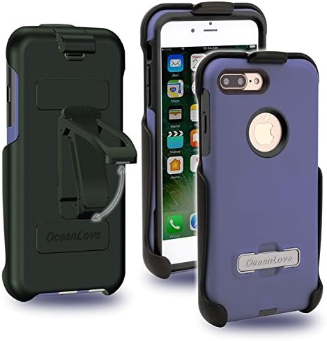 iPhone 7 Plus Case, Oceanlove Heavy Duty Shockproof Armor Drop Protection Case Hard Covers, Built-in Kickstand + Swivel Belt Clip Holster for Apple iPhone 7 Plus, Blue and Black