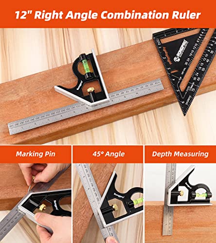 RONGPRO Rafter and Combination Square Tool Set - 7 Inch Triangle Carpenter Square, Die-Cast Aluminum Alloy and 12 Inch Zinc-Alloy Combo Ruler - Layout Tool - Image 6